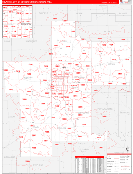 Oklahoma City Metro Area Digital Map Red Line Style